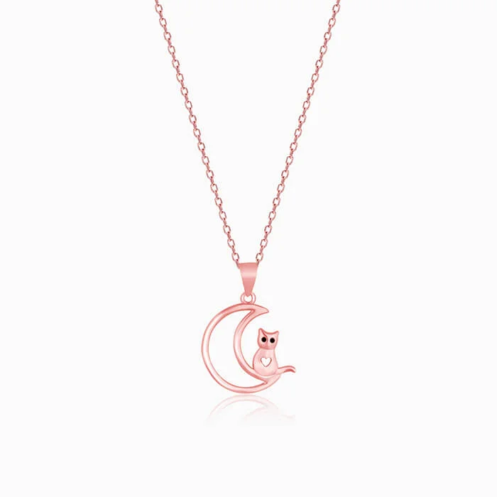 Necklaces and pendants with geometric pendants for a clean, contemporary design-Rose Gold Cat In Crescent Moon Pendant with Link Chain