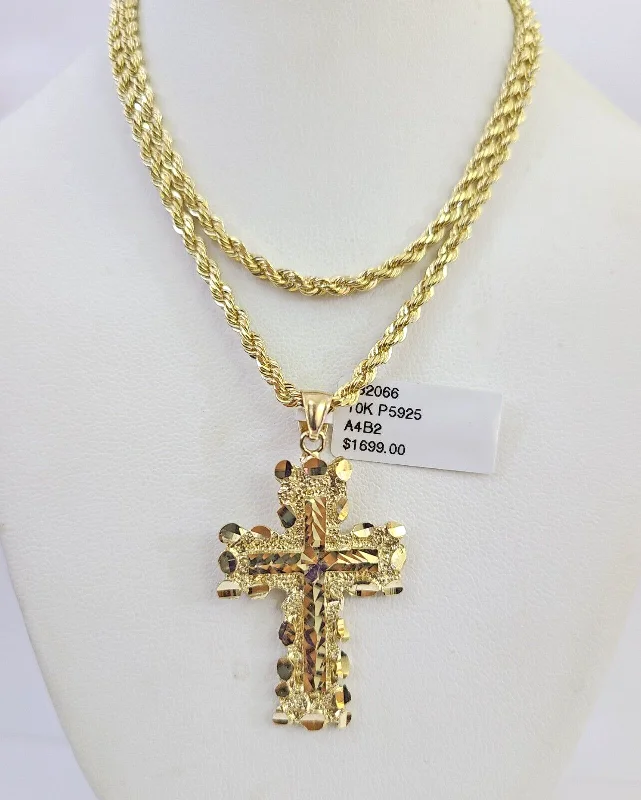 Necklaces and pendants with personalized charms for a custom piece of jewelry-10k Solid Rope Chain 3mm Jesus Cross Necklace Pendant Charm SET 18-26 in