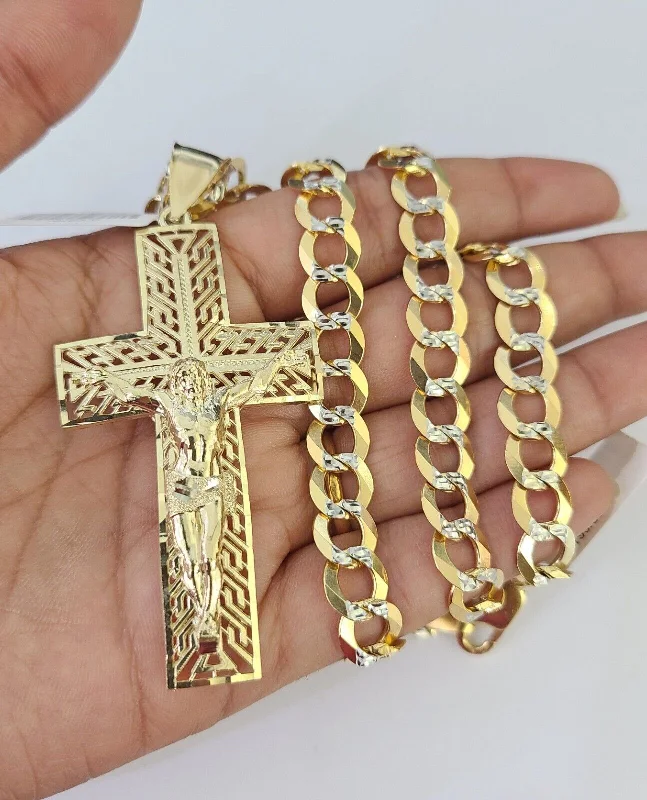 Best necklaces and pendants with cross pendants for a spiritual, meaningful symbol-10k Gold Chain Cross Charm Solid Cuban Curb Necklace 9mm 20"-30" Diamond Cut SET