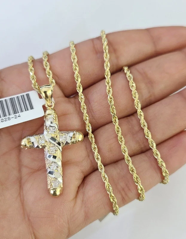 Beautiful necklaces and pendants with gemstone teardrops for an elegant effect-10k Solid Rope Chain 2mm Necklace Jesus Cross Pendant Charm SET 18-24 in