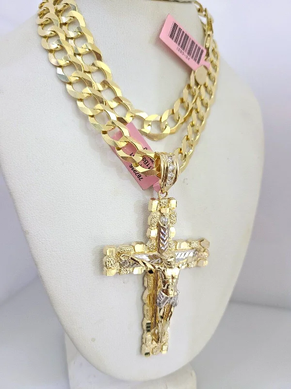 Best necklaces and pendants with layered designs for a chic, stacked look-14k Gold Chain Jesus Cross Charm Solid Cuban Curb 10mm 20"-30" SET Necklace