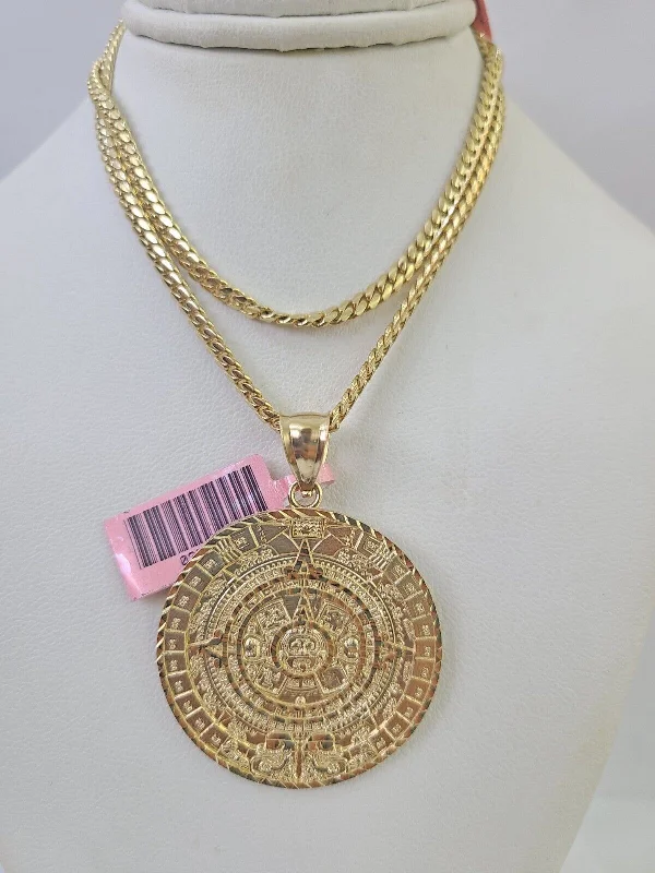 Necklaces and pendants with infinity love symbols for an eternal, romantic gesture-Real 14k Solid Chain Mayan Calendar Charm Set Miami Cuban 3mm Necklace Pendant