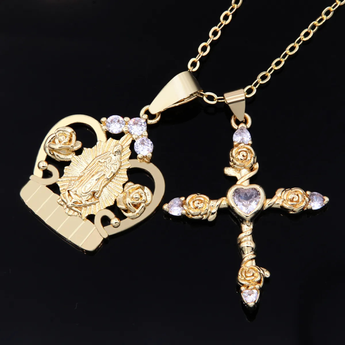 Elegant necklaces and pendants with diamond accents for added sparkle-Elegant Romantic Cross Rose Crown Copper Plating Inlay Carving Zircon 18k Gold Plated Unisex Pendant Necklace