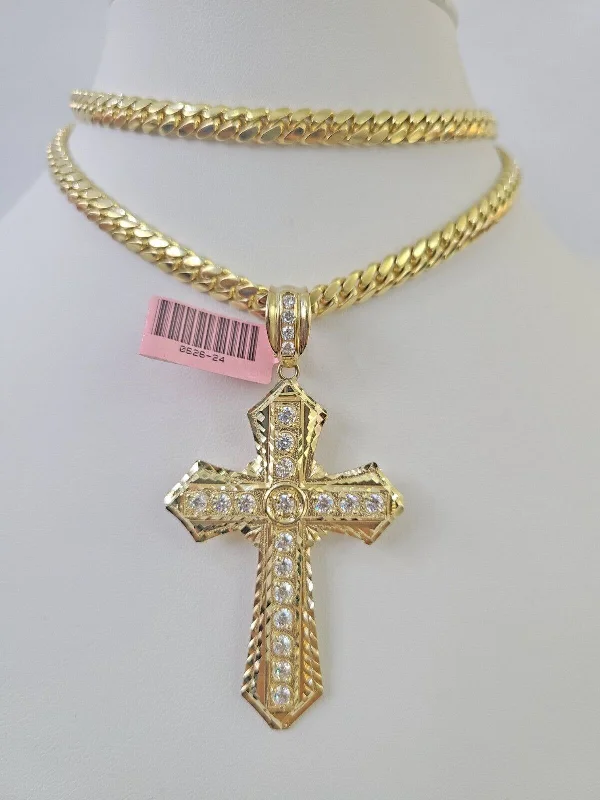 Necklaces and pendants with leaf-shaped designs for an earthy, organic feel-Real 14k Solid Chain Cross Charm Set Miami Cuban Link 6mm Necklace Pendant Gold