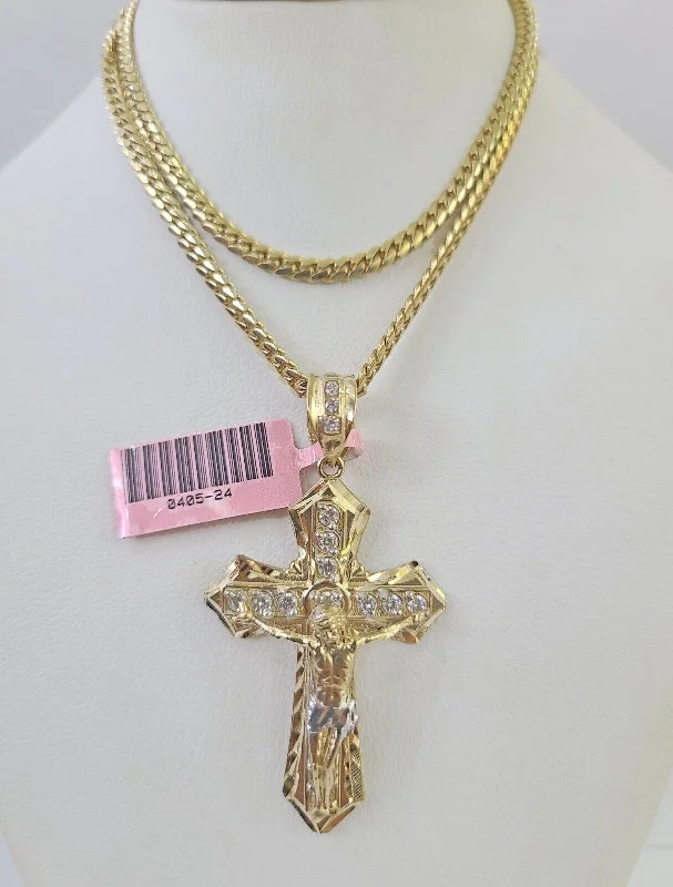 Beautiful necklaces and pendants with diamond halo settings for extra brilliance-Real 14k Solid Chain Cross Charm Set Miami Cuban Link 3mm Necklace Pendant Gold