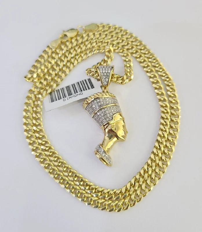 Necklaces and pendants with matching rings for a coordinated set of jewelry-10k Miami Cuban Chain Diamond Egypt Queen Charm Set 4mm 18"-28" Necklace Gold