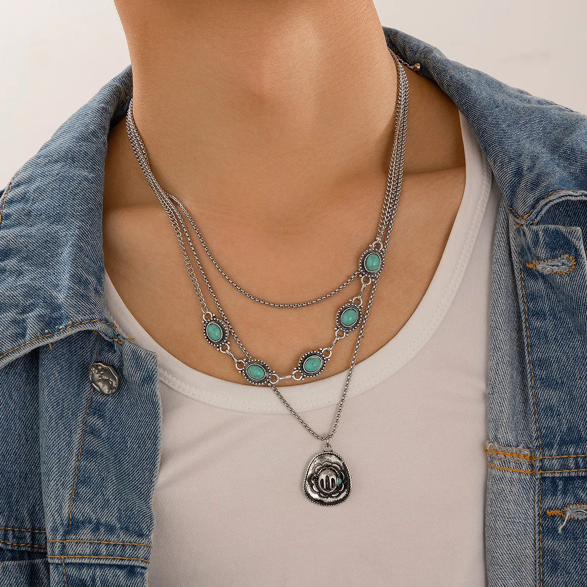 Stunning necklaces and pendants with birthstone pendants for a personal touch-Hip-Hop Retro Cowboy Style U Shape Geometric Alloy Plating Inlay Turquoise Men'S Three Layer Necklace