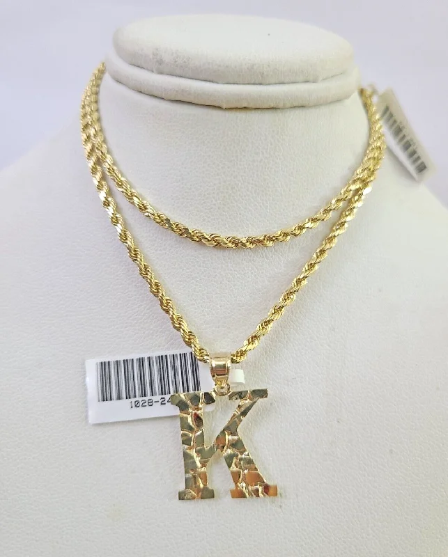 Trendy necklaces and pendants with statement pieces for a bold fashion statement-10k Gold Initial K Charm Rope Chain 16"-26" 2.5mm SET Necklace Alphabet Pendant