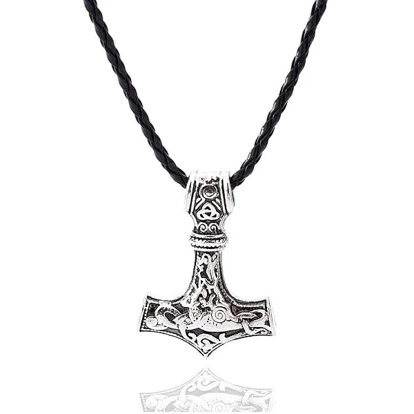 Necklaces and pendants with matching rings for a coordinated set of jewelry-Classy Men Thor's Hammer Pendant Leather Necklace