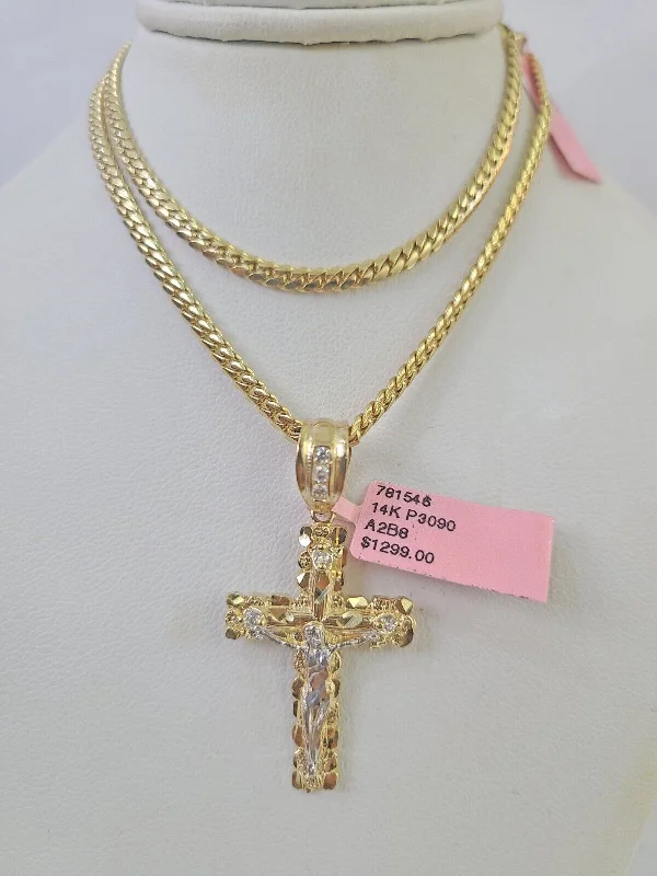 Best necklaces and pendants with butterfly wings for a delicate, graceful style-Real 14k Solid Chain Cross Charm Set Miami Cuban Link 3mm Necklace Pendant Gold