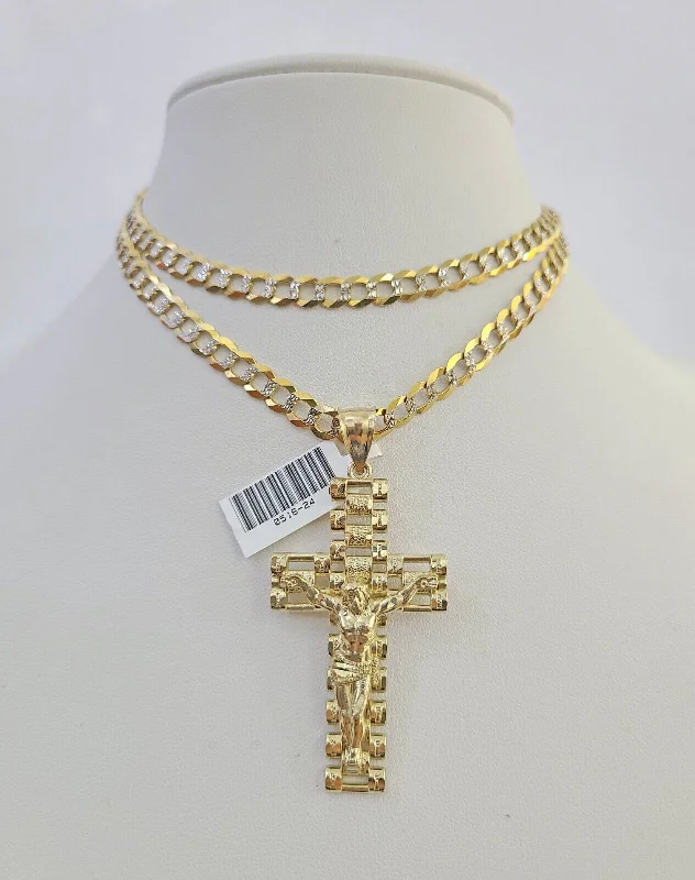 Best necklaces and pendants with glowing moonstone for an ethereal glow-10k Solid Gold Cuban Curb Chain Jesus Cross Pendant 6mm 20"-30" SET Necklace