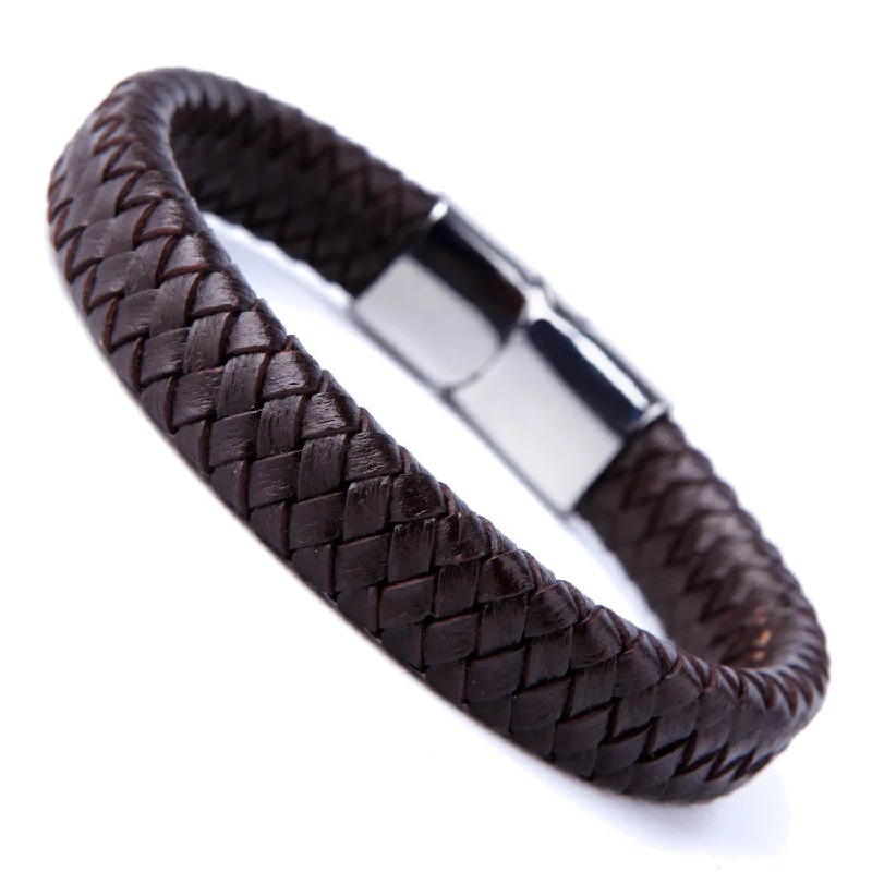 Best necklaces and pendants with cubic zirconia for a budget-friendly dazzling effect-Urban Jewelry Men's Deep Brown Braided Genuine Leather Cuff Bracelet with Elegant 316L Stainless Steel Clasp