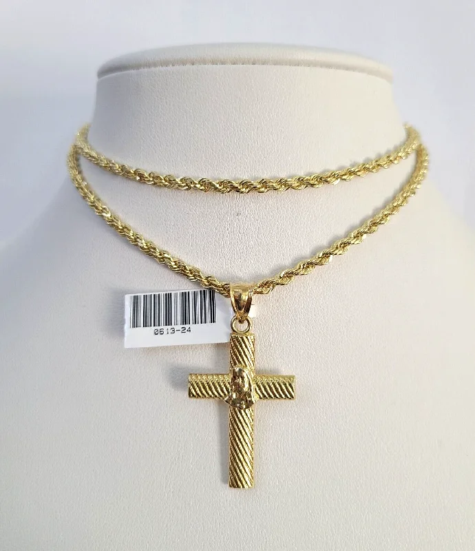 Necklaces and pendants with engraved messages for a deeply personal, sentimental gift-10k Solid Rope Chain 3mm Jesus Cross Pendant Charm Necklace SET 18-26 in