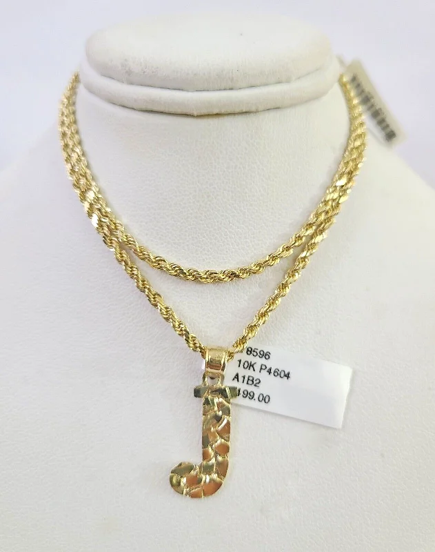 Necklaces and pendants with diamond pendants for a luxurious sparkling effect-10k Gold Initial J Charm Rope Chain 16"-26" 2.5mm SET Necklace Alphabet Pendant