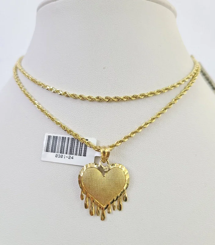 Necklaces and pendants with diamond pendants for a luxurious sparkling effect-10k Solid Rope Chain 2mm Dripping Heart Pendant Charm Necklace SET 16-22" Ladies