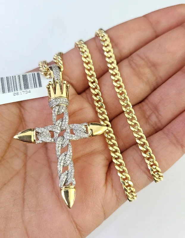 Necklaces and pendants with infinity love symbols for an eternal, romantic gesture-10k Miami Cuban Chain Diamond Jesus Cross Charm Set 4mm 18"-28" Necklace Gold