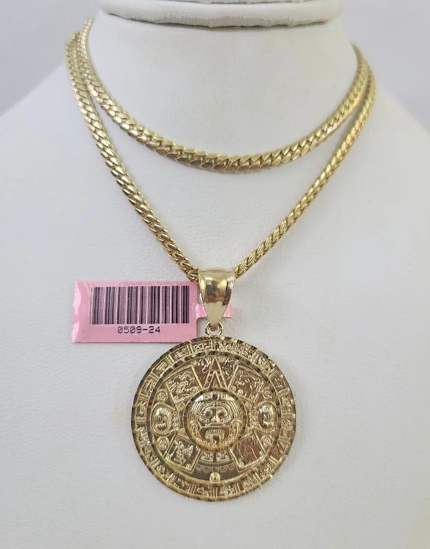 Best necklaces and pendants with personalized coordinates for a special keepsake-Real 14k Solid Chain Mayan Calendar Charm Set Miami Cuban 3mm Necklace Pendant