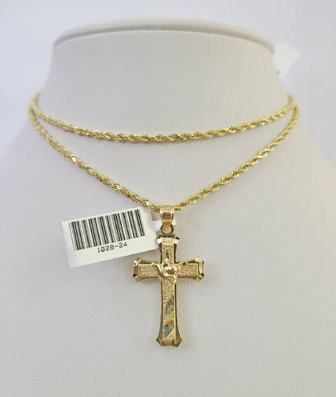 Best necklaces and pendants with minimalist pendants for a sleek, understated look-10k Solid Rope Chain 2mm Necklace Jesus Cross Pendant Charm SET 18-24 in