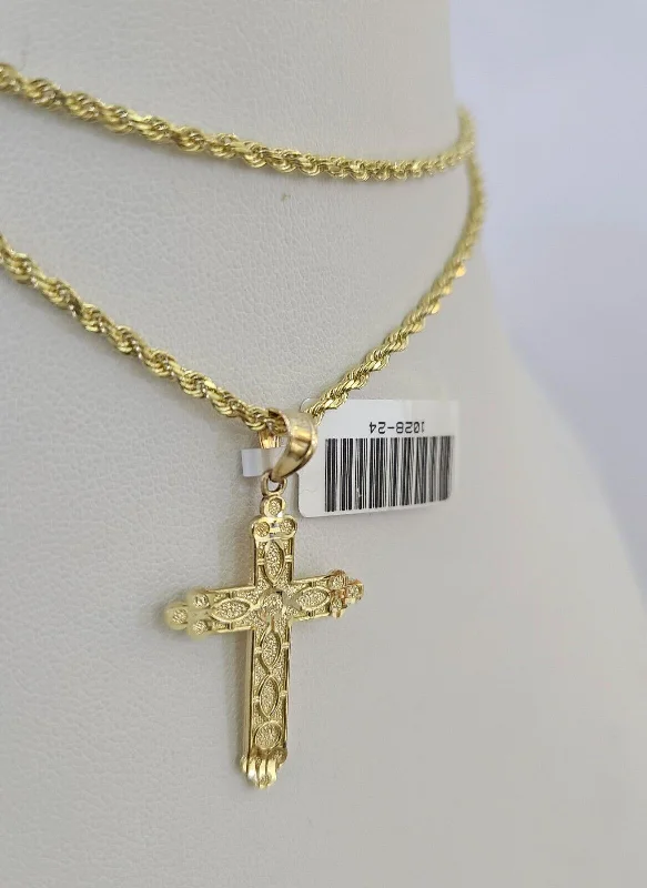 Best necklaces and pendants with seashell designs for a tropical, beachy vibe-10k Solid Rope Chain 2mm Jesus Cross Pendant Charm Necklace SET 18-24 in