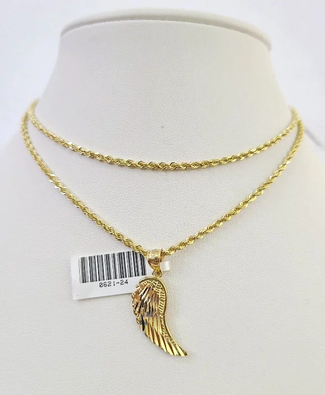 Unique necklaces and pendants with engraved messages for a sentimental gift-10k Solid Rope Chain 2mm Angel Wings Pendant Charm Necklace SET 16"-22" Ladies