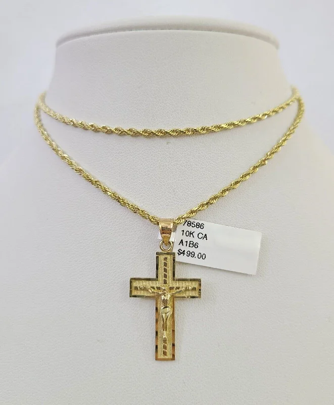 Stunning necklaces and pendants with jade gemstones for a calming green hue-10k Solid Rope Chain 2mm Jesus Crucifix Cross Pendant Charm Necklace SET 18-24"