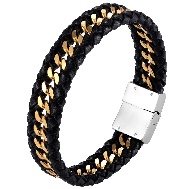 Necklaces and pendants with diamond pendants for a luxurious sparkling effect-Stylish Contemporary Men’s Bracelet – Braided Rope with Gourmette Chain Design – Black and Polished Gold Color – Made of Stainless Steel & Genuine Leather – Jewelry Gift or Accessory for Men