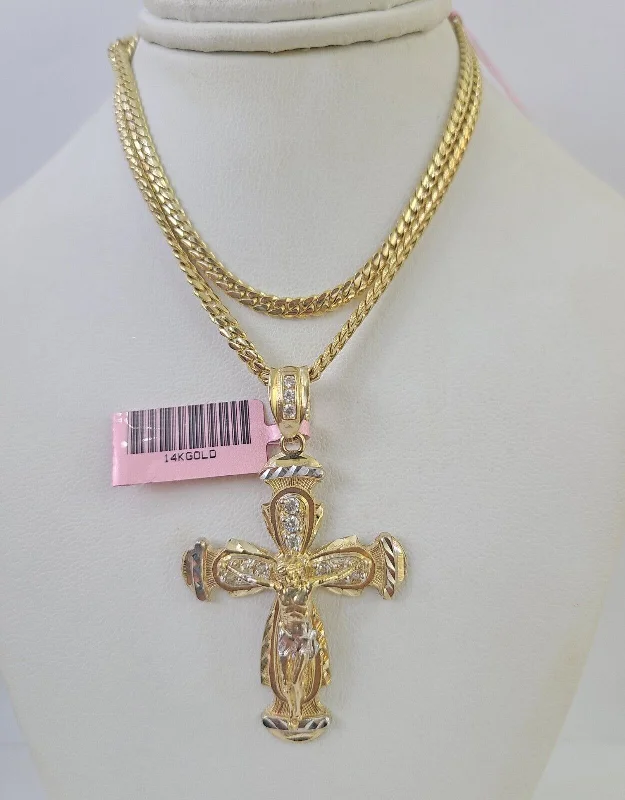 Necklaces and pendants with ocean-inspired designs for a refreshing, beachy feel-Real 14k Solid Chain Cross Charm Set Miami Cuban Link 3mm Necklace Pendant Gold