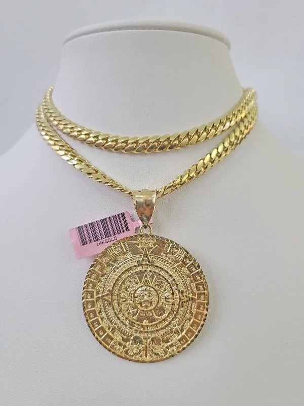 Necklaces and pendants with love knot designs for a romantic, meaningful symbol-Real 14k Solid Chain Mayan Calendar Charm Set Miami Cuban Link 6mm Necklace