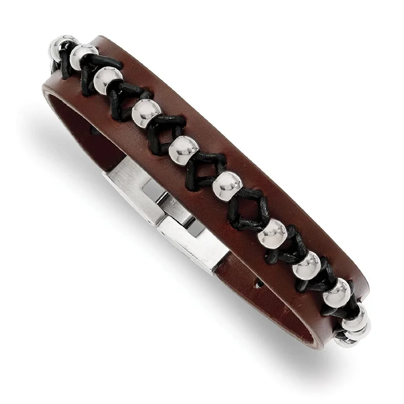 Necklaces and pendants with pearls for a classic and sophisticated touch-Men's Polished Stainless Steel Brown Leather with Beads Bracelet, 8.5 "