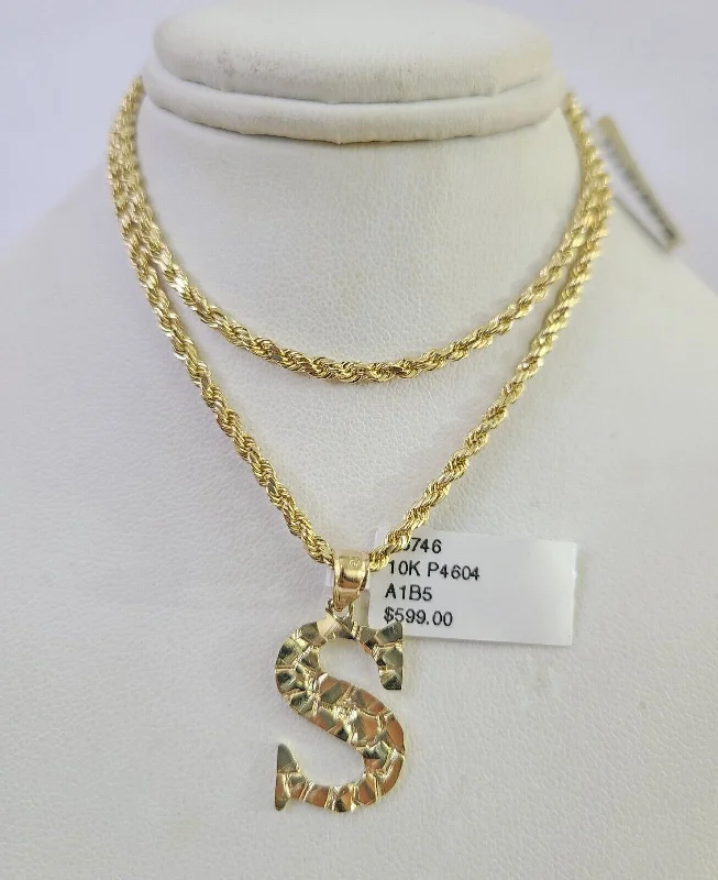 Beautiful necklaces and pendants with moonstone for an ethereal, mystical appearance-10k Gold Initial S Charm Rope Chain 16"-26" 2.5mm SET Necklace Alphabet Pendant