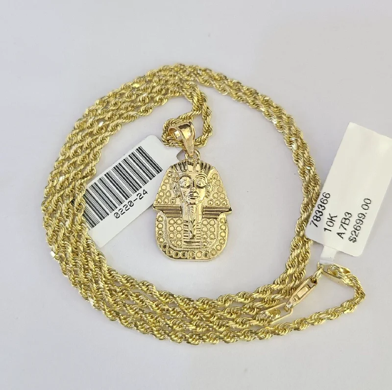 Necklaces and pendants with star-shaped designs for a whimsical, celestial touch-10k Solid Rope Chain 2mm Pharaoh Head Pendant Charm Necklace SET 18-24 in