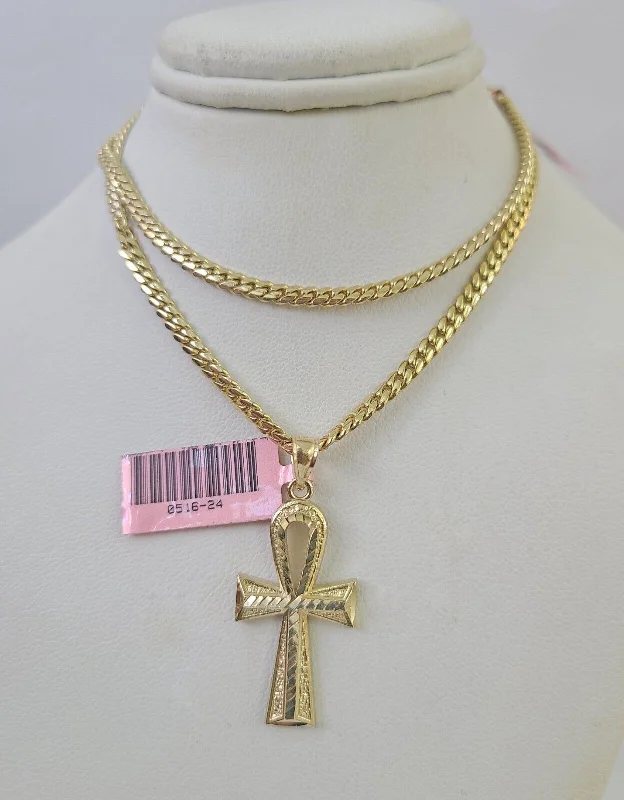 Necklaces and pendants with sun and moon motifs for a celestial-inspired design-Real 14k Solid Chain Cross Charm Set Miami Cuban Link 3mm Necklace Pendant Gold