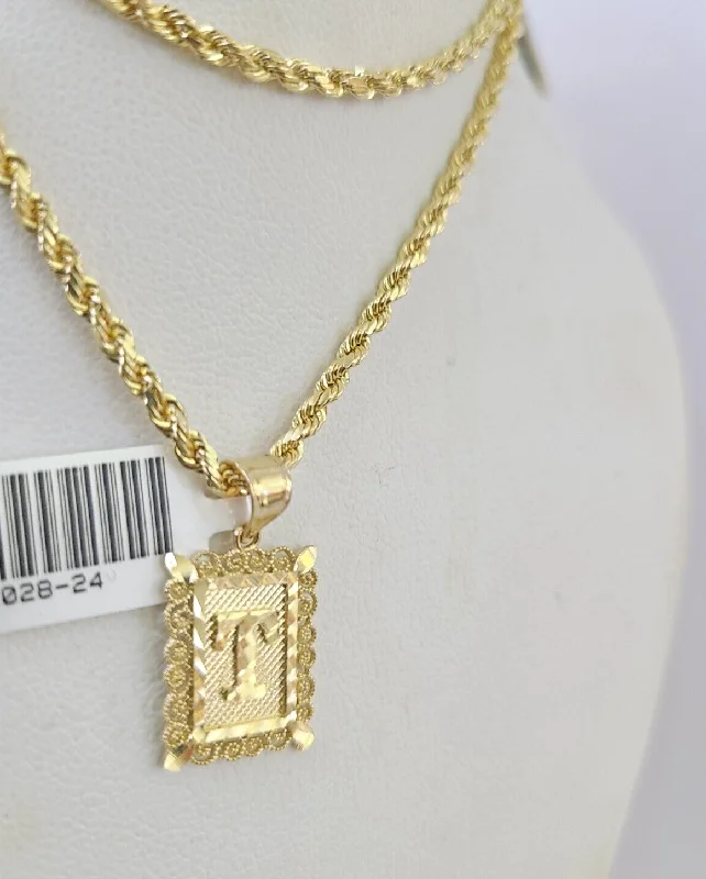 Beautiful necklaces and pendants with layered chains for a fashionable, chic look-10k Gold Initial T Charm Rope Chain 16"-26" 2.5mm SET Necklace Alphabet Pendant