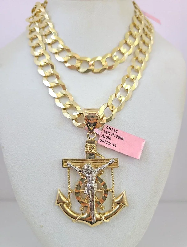 Best necklaces and pendants with glowing moonstone for an ethereal glow-14k Gold Chain Jesus Anchor Charm Solid Cuban Curb 10mm 20"-30" SET Necklace