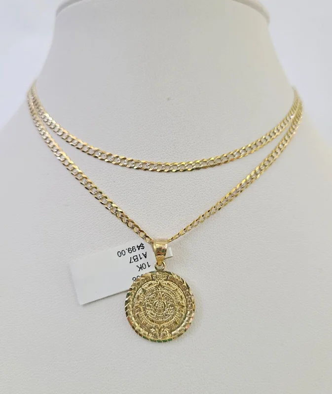 Best necklaces and pendants with black diamonds for an edgy, bold statement-10k Solid Gold Cuban Curb Chain Mayan Calendar Pendant 2mm 18"-24" SET Necklace