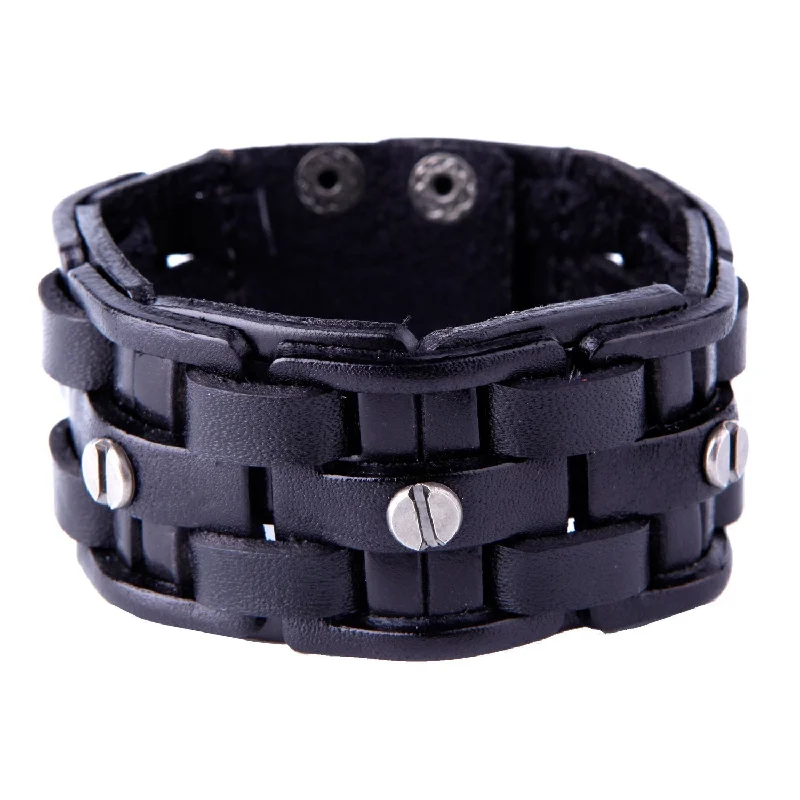 Personalized necklaces and pendants with coordinates for a meaningful location-based gift-Urban Jewelry Gothic Men's Army Style Coal Black Cuff Genuine Leather Bracelet with Metal Silver Tone Screws