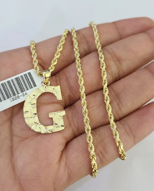 Necklaces and pendants with clear quartz for a pure and radiant look-10k Gold Initial G Charm Rope Chain 16"-26" 2.5mm SET Necklace Alphabet Pendant