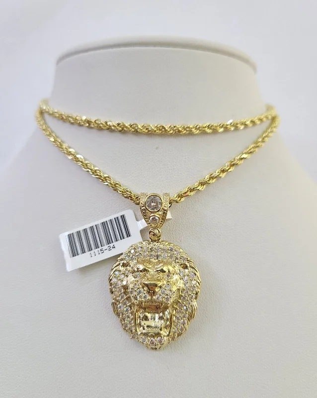 Unique necklaces and pendants with gemstones for a colorful and vibrant statement-10k Solid Rope Chain 3mm Lion Head Pendant Charm Necklace SET 18-26 in