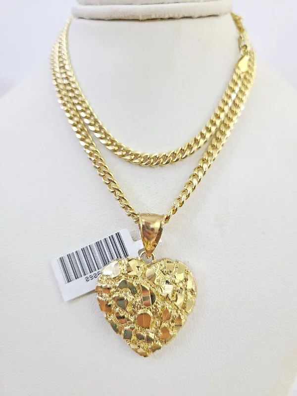 Necklaces and pendants with ocean-inspired designs for a refreshing, beachy feel-10k Miami Cuban Chain Nugget Heart Charm Set 4mm 18"-28" Necklace Yellow Gold