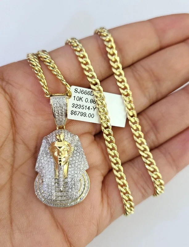 Best necklaces and pendants with oval pendants for a classic, elegant shape-10k Miami Cuban Chain Diamond Pharaoh Charm Set 4mm 18"-28" Necklace Gold