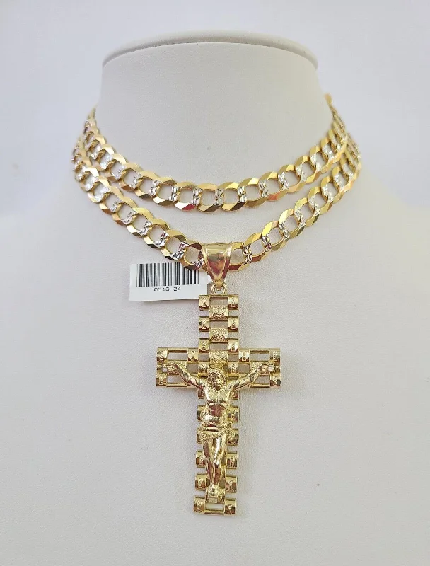 Necklaces and pendants with abstract shapes for a modern, creative appearance-10k Gold Chain Cross Charm Solid Cuban Curb Necklace 9mm 20"-30" Diamond Cut SET