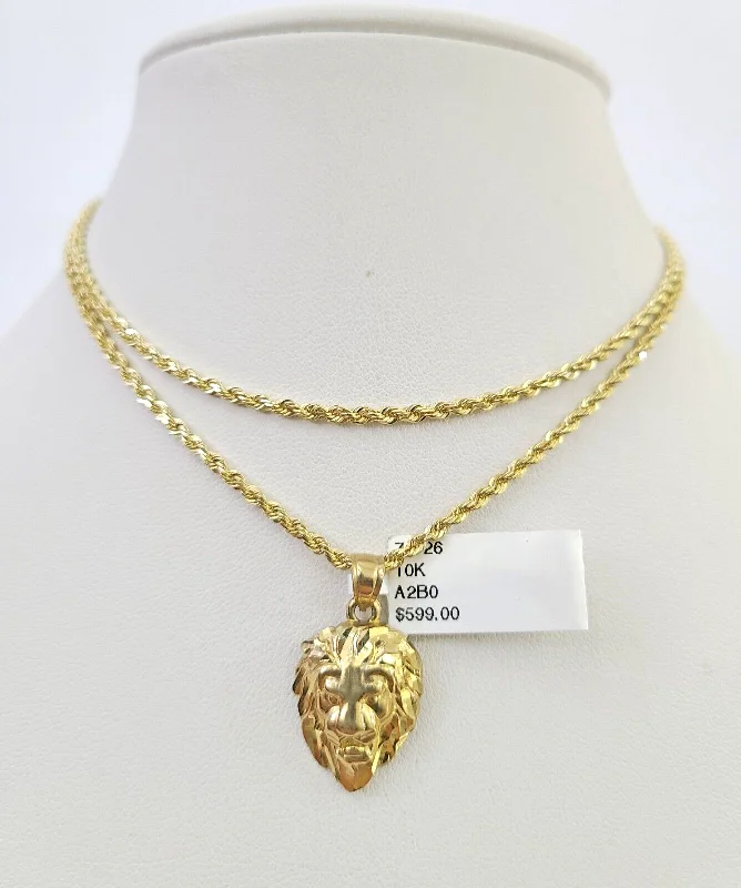 Beautiful necklaces and pendants with moonstone for an ethereal, mystical appearance-10k Solid Rope Chain 2mm Lion Pendant Charm Necklace SET 18-22" Ladies Yellow