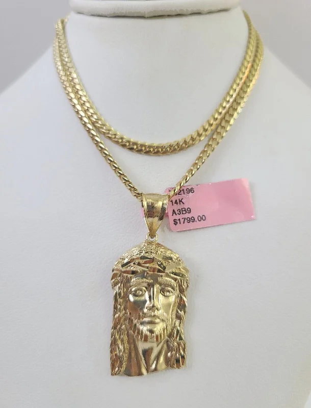 Beautiful necklaces and pendants with diamond-encrusted designs for maximum sparkle-Real 14k Solid Chain Jesus Head Charm Set Miami Cuban 3mm Necklace Pendant