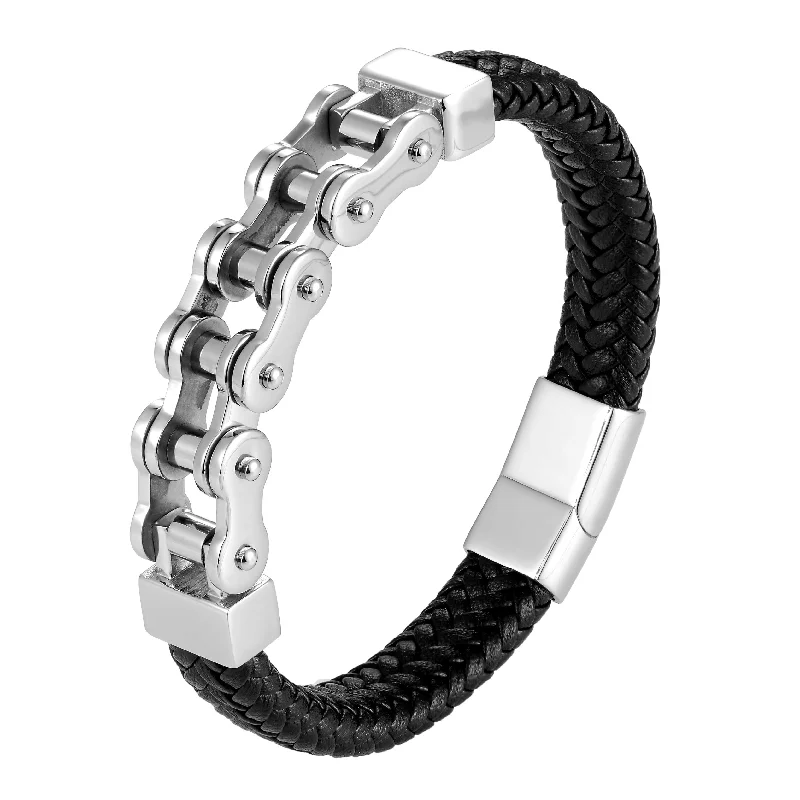 Necklaces and pendants with clear quartz for a pure and radiant look-Dystopian Men’s Bracelet – Black Leather Braided Rope Bracelet with Contemporary Bike Chains – Genuine Leather & Stainless Steel – Black & Polished Silver Color – Jewelry Gift or Accessory for Men