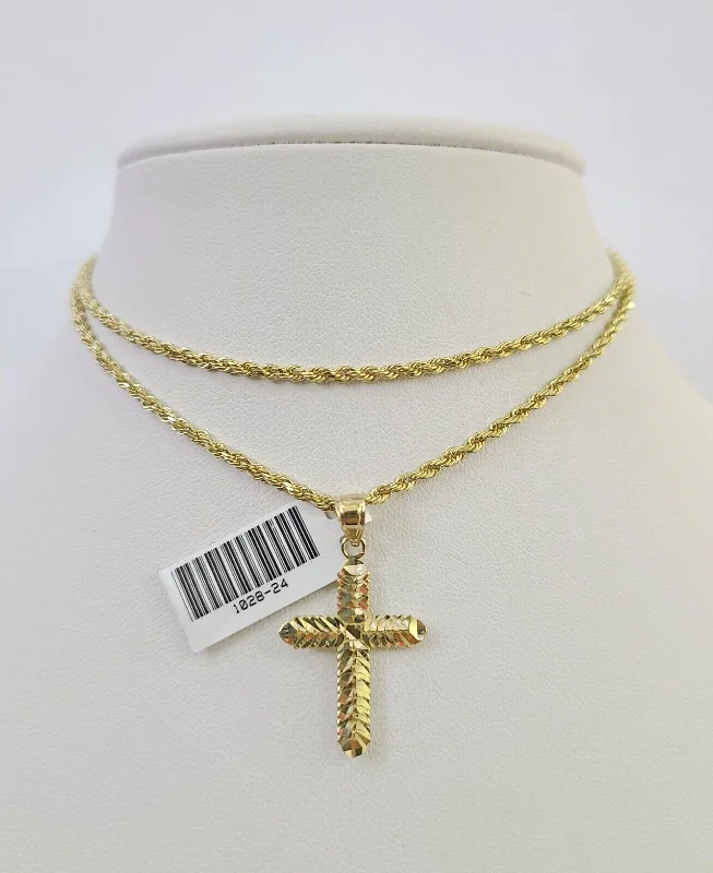 Necklaces and pendants with lock and key designs for a symbolic gesture-10k Solid Rope Chain 2mm Jesus Cross Pendant Charm Necklace SET 18-24 in