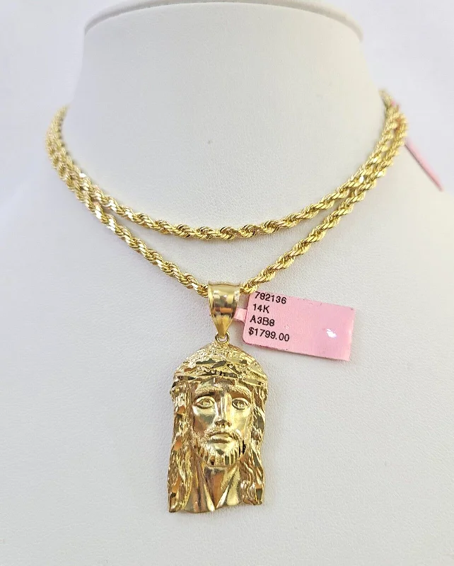 Best necklaces and pendants with sterling silver for an affordable yet stylish choice-Real 14k Solid Rope Chain Jesus Head Charm Set 3mm 18"-26" Necklace Yellow Gold