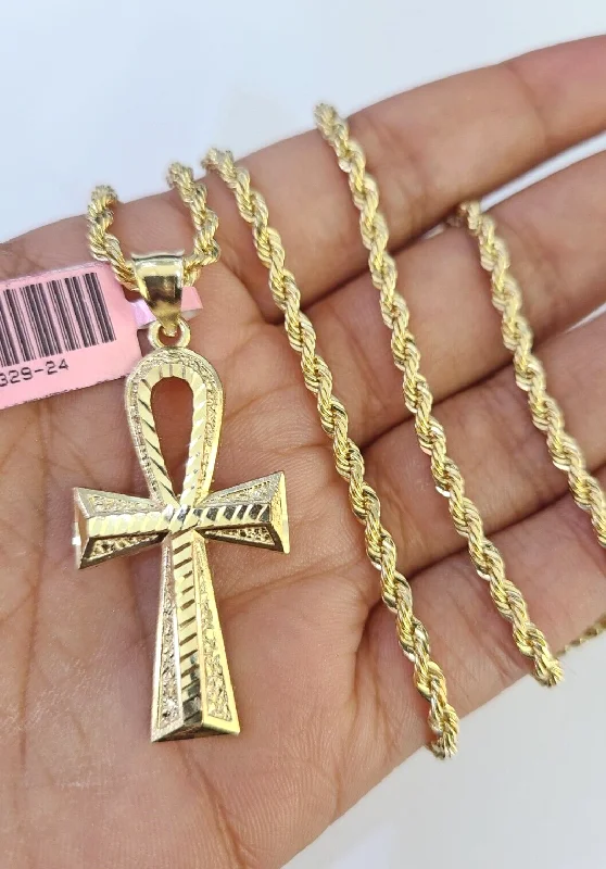 Personalized necklaces and pendants with name engravings for a custom touch-Real 14k Solid Rope Chain Jesus Ankh Cross Charm Set 3mm 18"-26" Necklace Gold