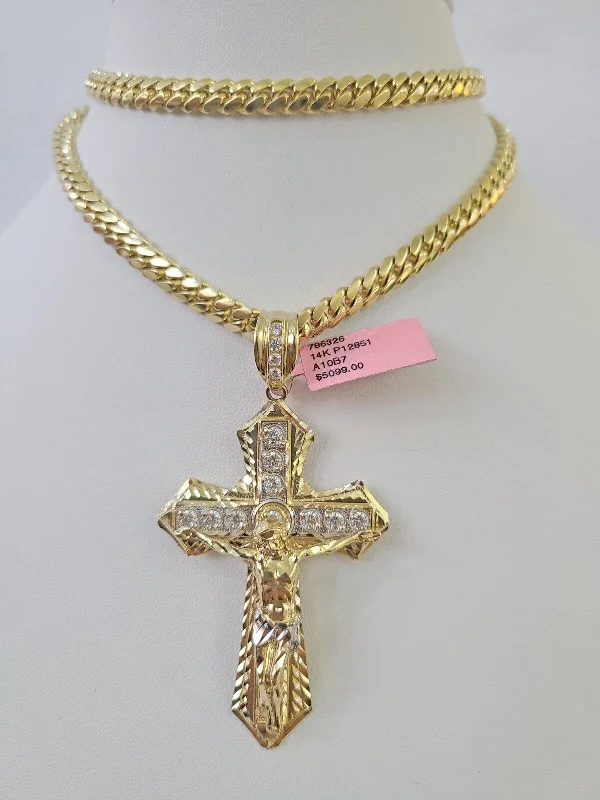 Best necklaces and pendants with vintage coin pendants for a unique accessory-Real 14k Solid Chain Cross Charm Set Miami Cuban Link 6mm Necklace Pendant Gold