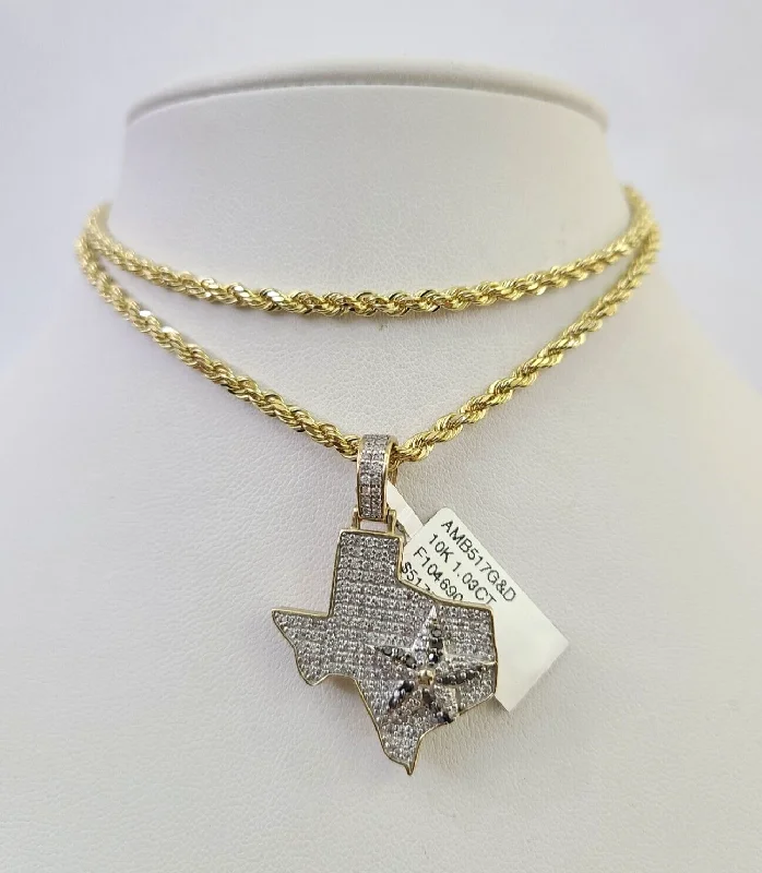 Elegant necklaces and pendants with gold chains for a chic, timeless appearance-10k Solid Rope Chain 3mm Diamond Texas Map Pendant Charm Necklace SET 18-26 in