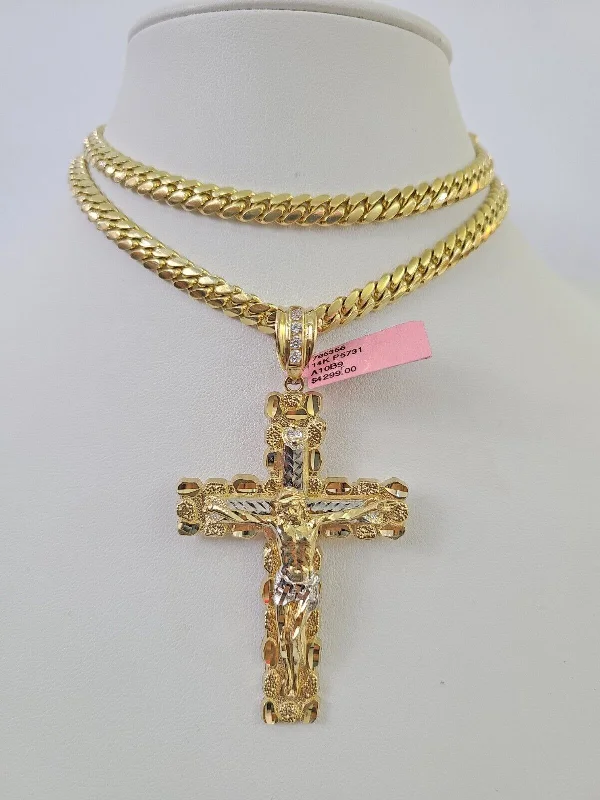 Beautiful necklaces and pendants with moon and star charms for a dreamy effect-Real 14k Solid Chain Cross Charm Set Miami Cuban Link 6mm Necklace Pendant Gold